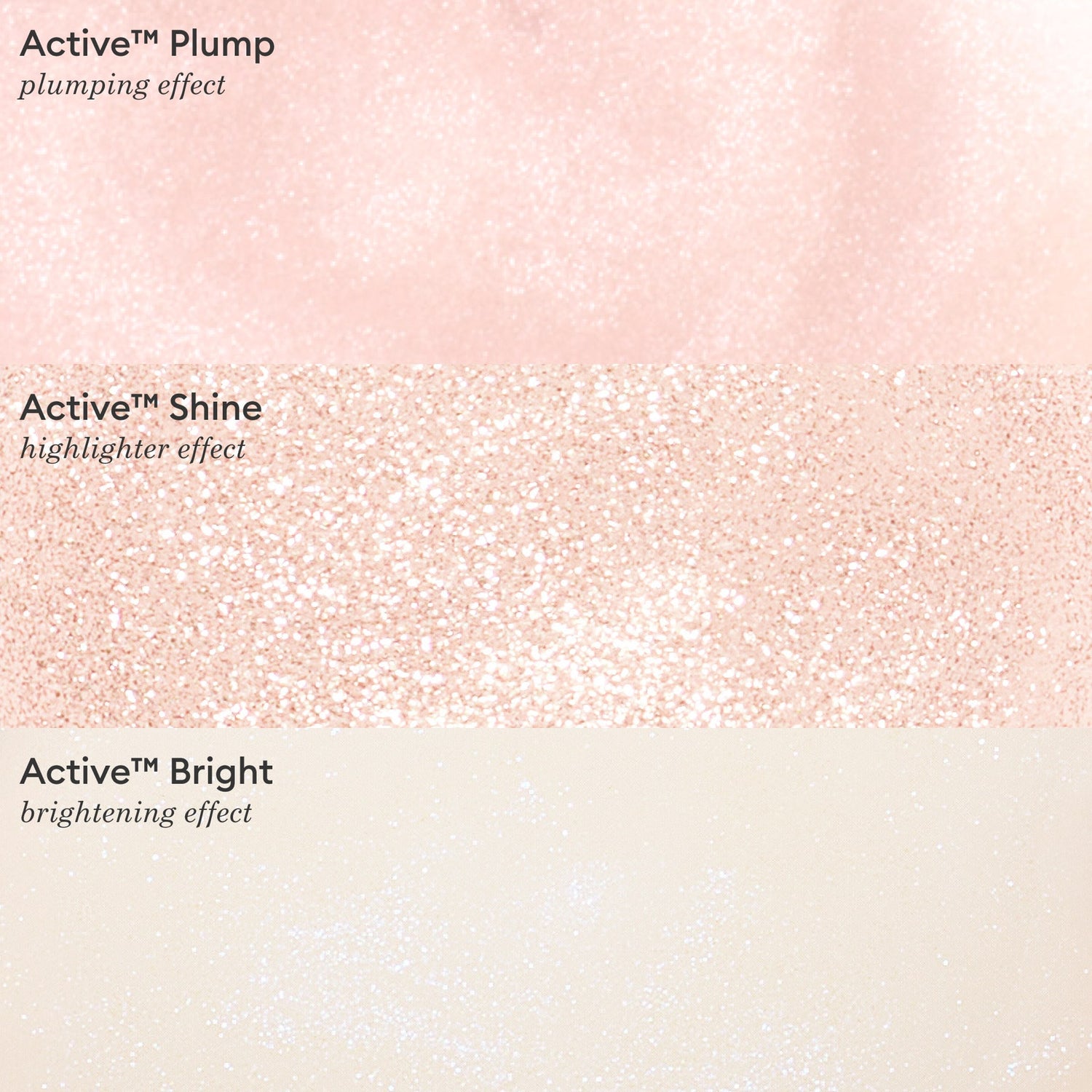 Three textured makeup swatches—a light pink labeled Active™ Plump, a shimmery rose gold Active™ Shine, and a pale beige Active™ Bright by Manucurist—each showcase unique effects: plumping, highlighting, and brightening. Pair these radiance-boosting shades with a Manucurist bio-based nail polish or nourishing nail strengthener to complete your glowing beauty routine and elevate your nail care.