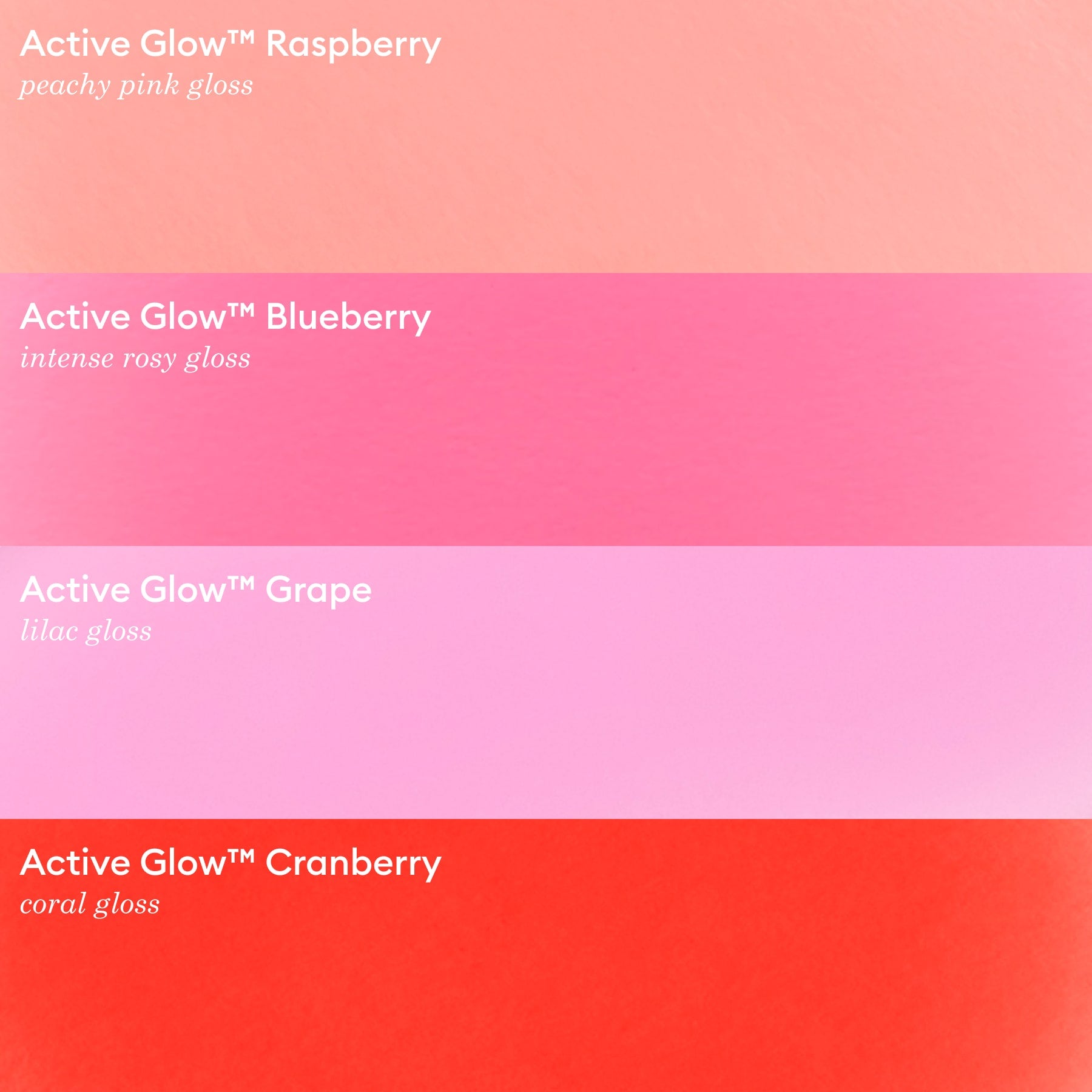 Four horizontal color swatches labeled: Raspberry (peachy pink gloss), Blueberry—Manucurist Active™ Glow Blueberry (intense rosy gloss), Grape (lilac gloss), and Cranberry (coral gloss) deliver radiant shine in stunning shades of pink, purple, or red—perfect for elevating your nail care routine.