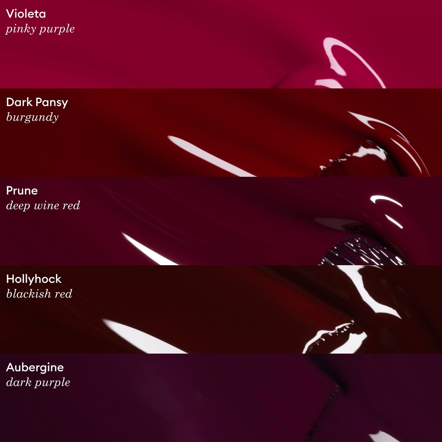 Five paint swatches in shades from pinky purple to dark purple, labeled Violeta, Dark Pansy, Prune, Hollyhock, and Aubergine—each displaying a glossy texture reminiscent of Manucurist’s eco-friendly Grenat nail polish. These rich tones add a sophisticated touch to any space and are part of the brand’s Green™ range.