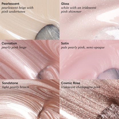 Six swatches of Manucurist’s Sandstone collection feature shimmery nail polish in beige and pink shades, including a luxe latte brown, each labeled as Pearlescent, Gloss, Carnation, Satin, Sandstone, and Cosmic Rose—showcasing various finishes and undertones.