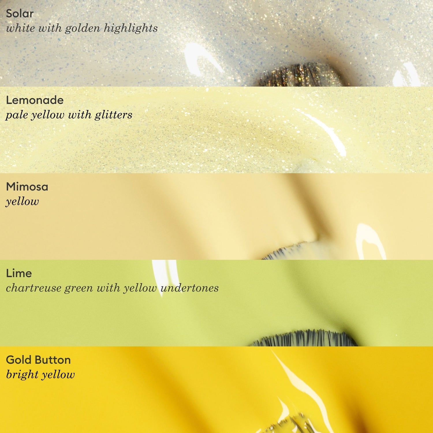 Five horizontal bands show polish colors: white with gold shimmer (Solar), pale yellow glitter (Lemonade), yellow gel (Mimosa), chartreuse Green Flash gel (Lime), and Manucurist’s Gold Button in bright yellow.