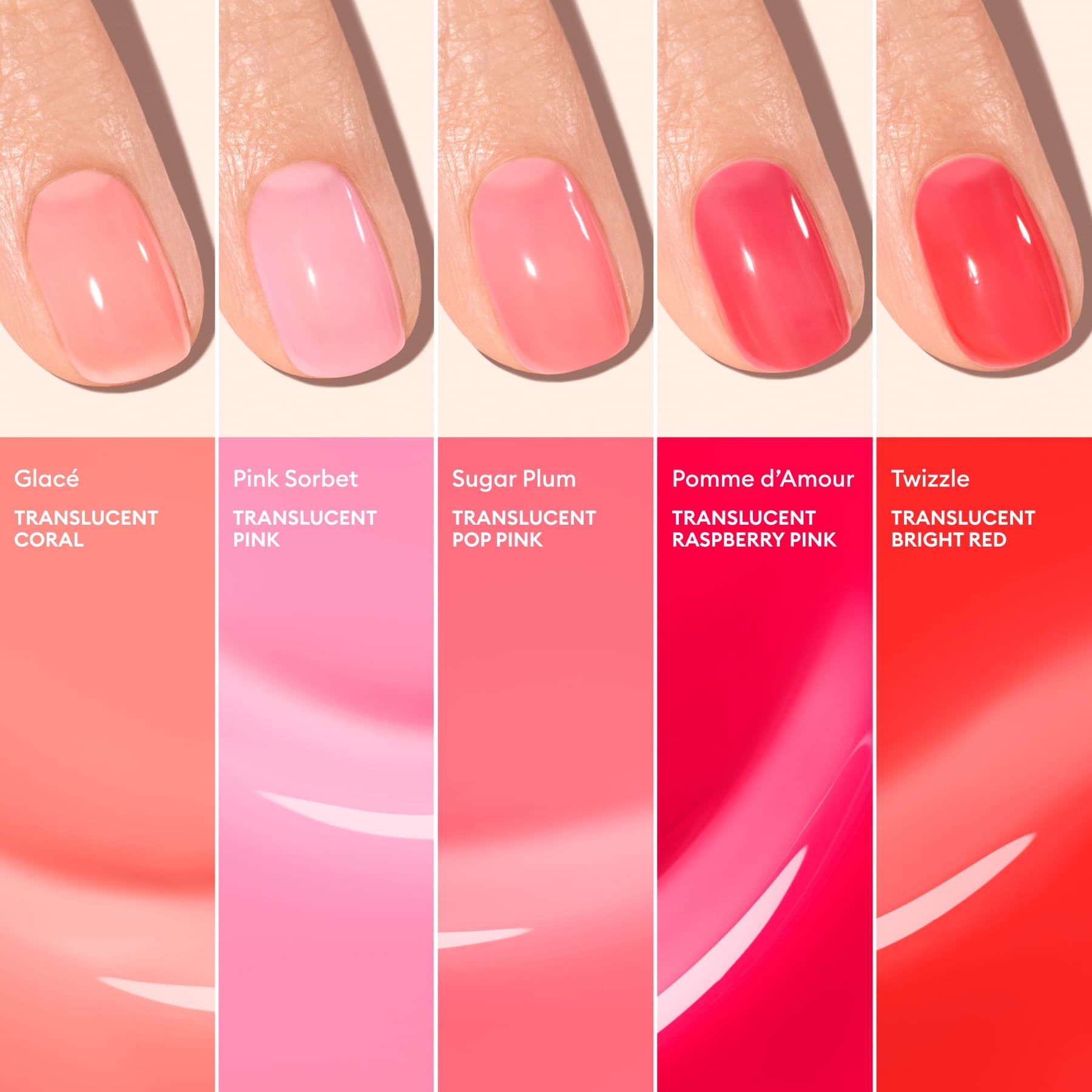Five neatly manicured nails, each painted a different translucent shade from the Manucurist Twizzle jelly nail polish collection, showcase ultra-glossy shine with polish names and swatches displayed below each nail.