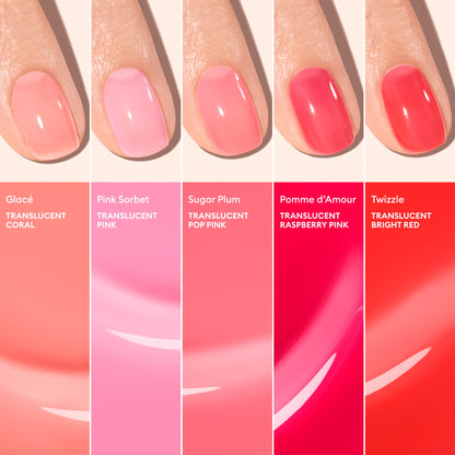 Five neatly manicured nails, each painted a different translucent shade from the Manucurist Twizzle jelly nail polish collection, showcase ultra-glossy shine with polish names and swatches displayed below each nail.