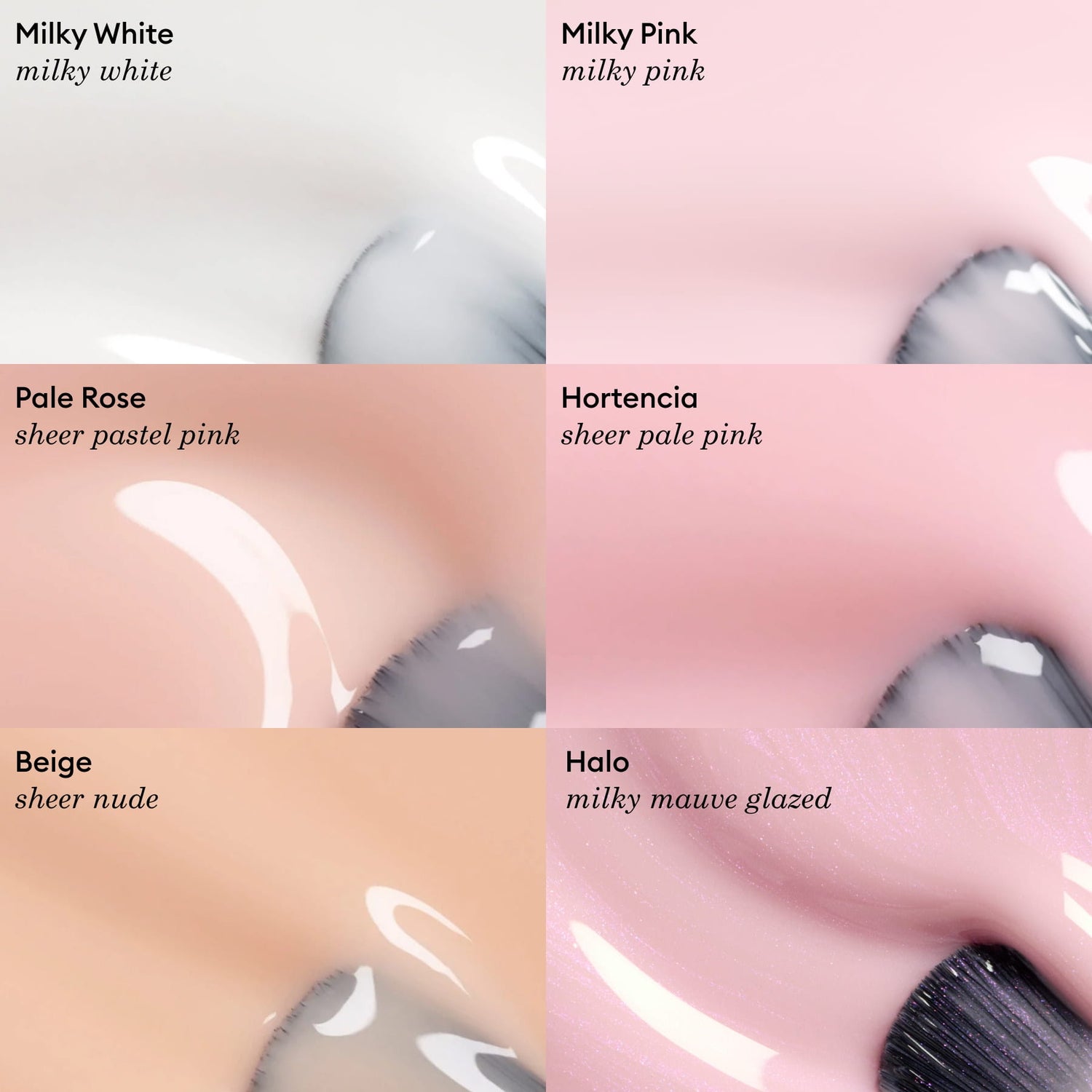 A close-up of six Manucurist nail polish swatches—milky white, milky pink, sheer pastel pink, sheer pale pink, sheer nude, and milky mauve glazed—each with a brush and labeled by shade. The collection pairs beautifully with other delicate hues from the Green range or stands out when combined with Milky Peach for a chic contrast.
