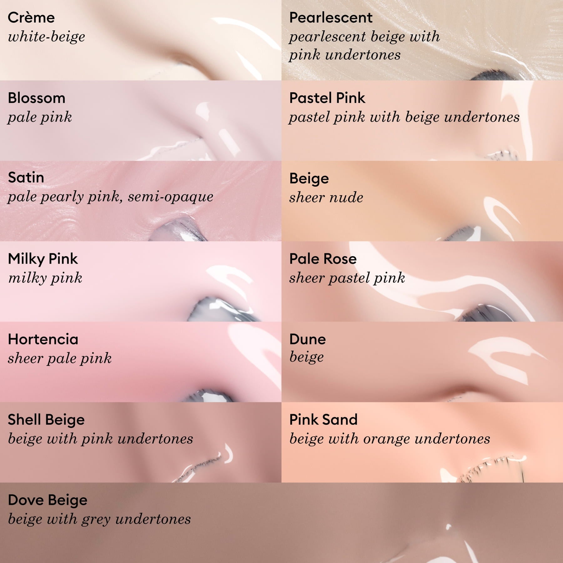 A chart displays 12 Manucurist-test nail polish shades, like Pale Rose - Free, showing sheer pastel pinks, soft rose, beige, pink, and nude tones—each with a glossy finish on nails.