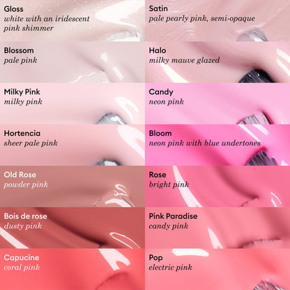A chart shows 13 Manucurist Green™ swatches, from white iridescent and pale pinks to coral and magenta, including "Bloom," a neon pink with blue undertones. Each swatch has its name and description.