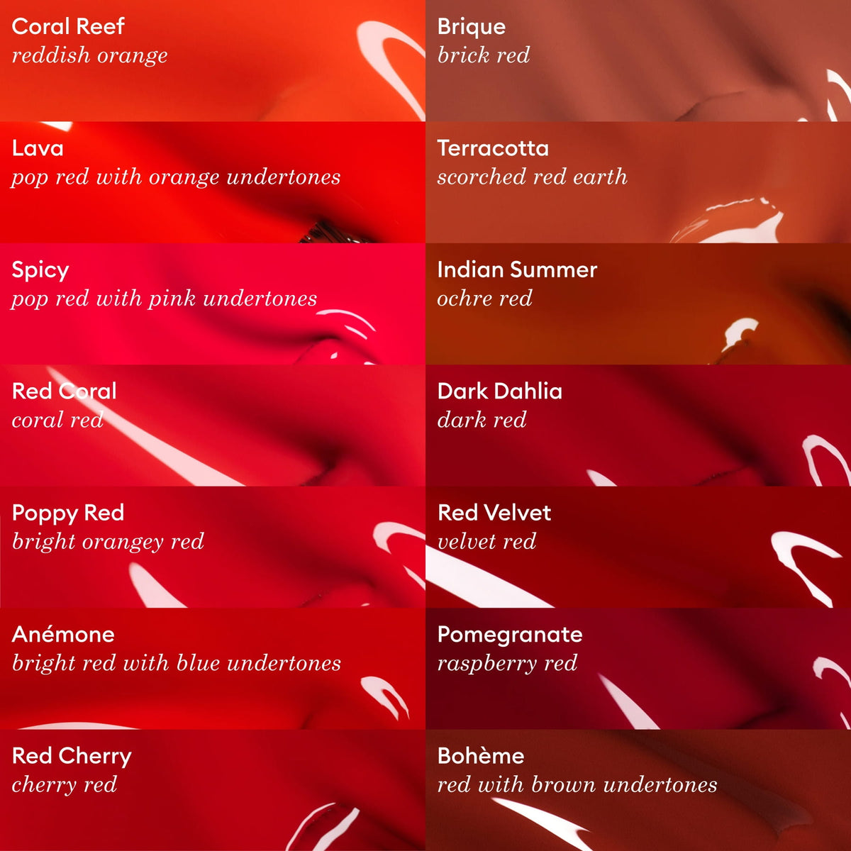 A chart displays twelve Manucurist Green Flash gel polish shades, including reds like Anémone and Coral Reef to brownish Bohème, each labeled with names and descriptions in glossy swatches.