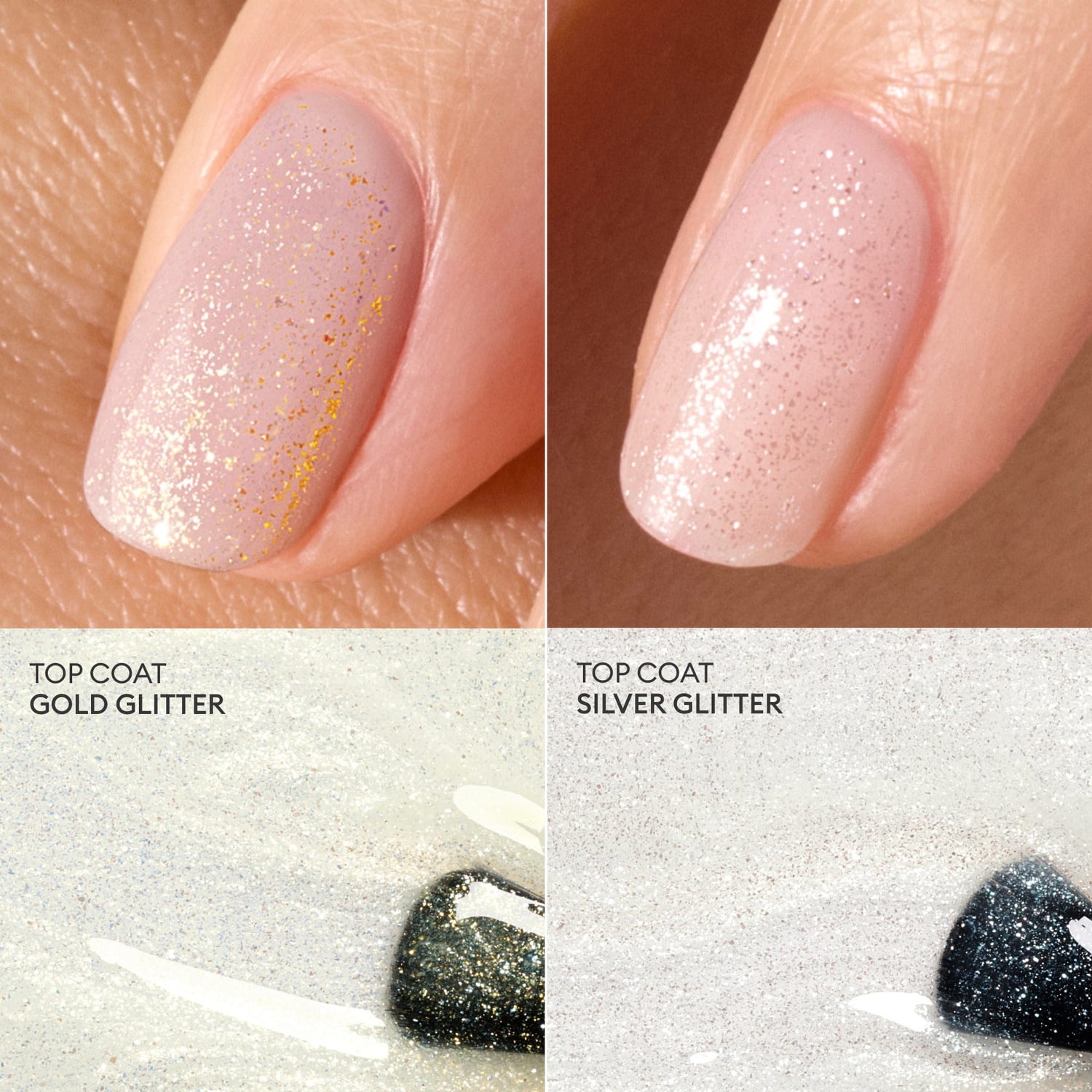 Close-up of two fingernails with sheer pink polish; one has Manucurist Glitter Top Coat in gold, the other in silver. Both have a gel-like finish. Swatches of Manucurist gold and silver Glitter Top Coat appear below, labeled accordingly.