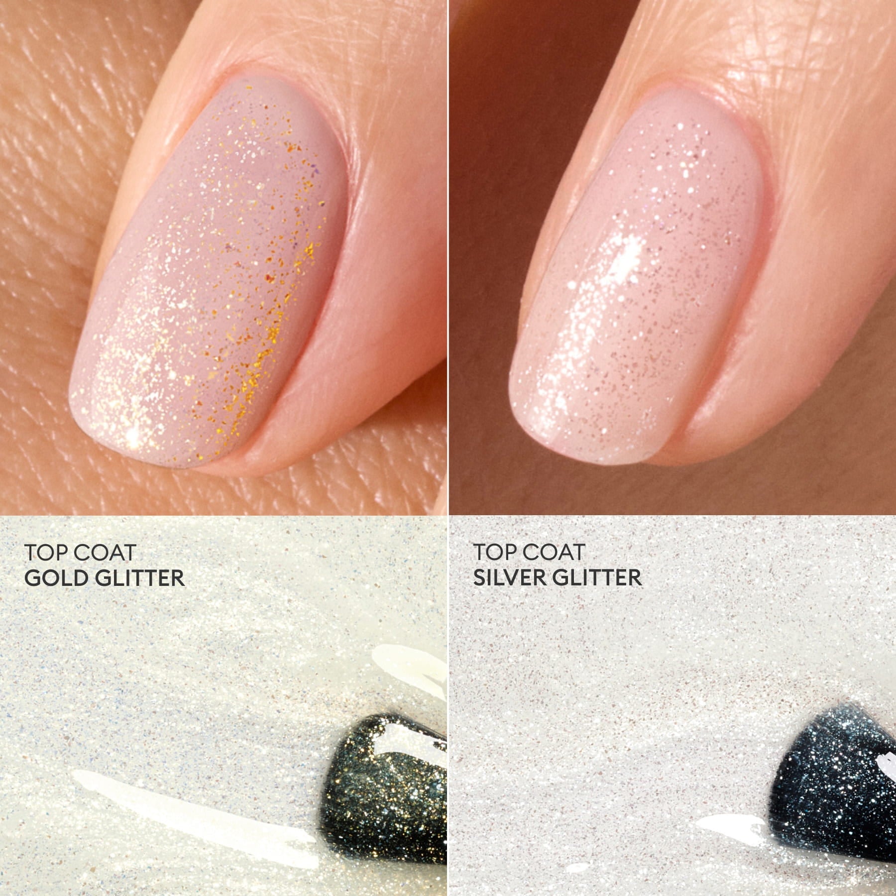 Close-up of two fingernails with sheer pink polish; one has Manucurist Glitter Top Coat in gold, the other in silver. Both have a gel-like finish. Swatches of Manucurist gold and silver Glitter Top Coat appear below, labeled accordingly.