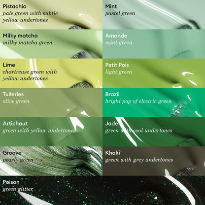Twelve green nail polish swatches from Manucurist’s The Green range—including Milky Matcha, a milky matcha green shade—are displayed in rectangular boxes, each labeled with its name and description such as Pistachio, Mint, Lime, Jade, Khaki, Poison, and more; together they capture fresh botanical notes.