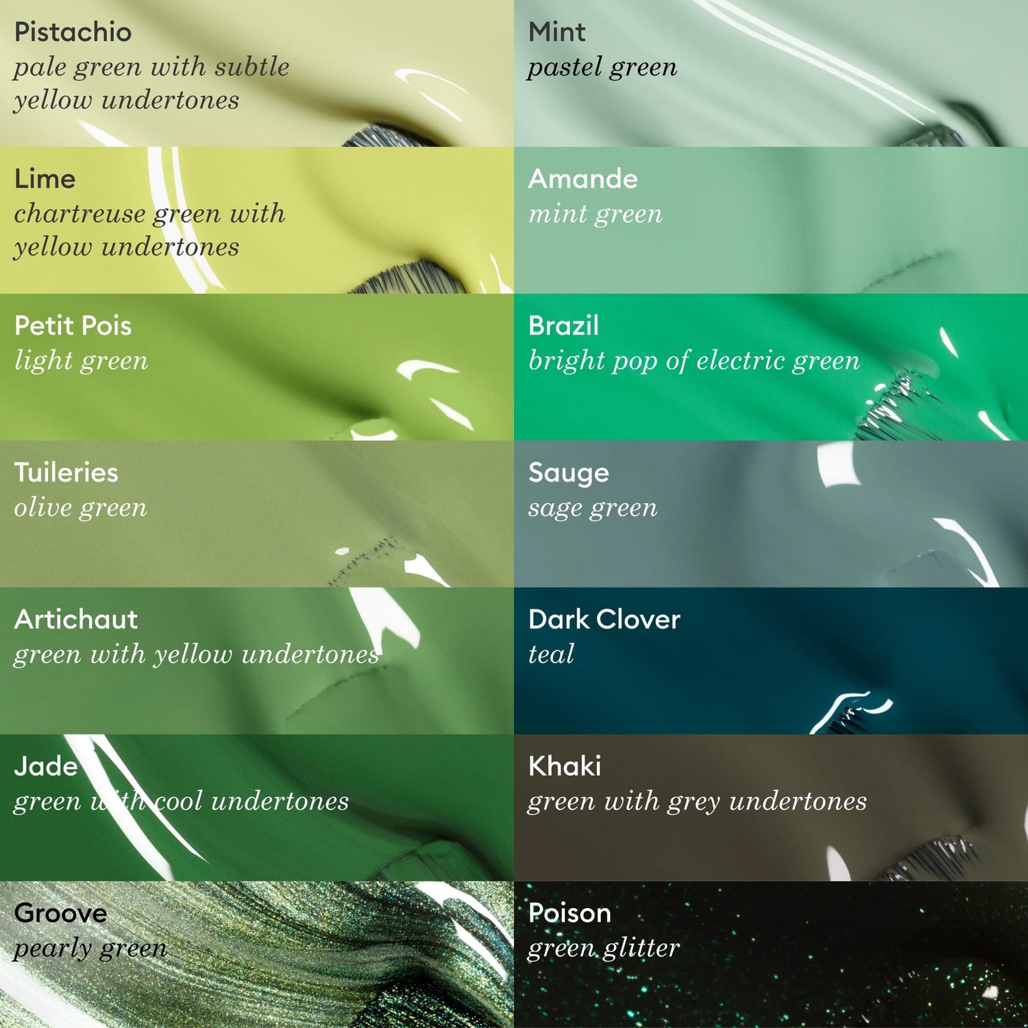 A chart shows 12 Manucurist green nail polish swatches—Pistachio, Lime, Petit Pois, Tuileries, Artichaut, Jade, Poison, Mint, Amande, Brazil, Sauge, Dark Clover—with Khaki featuring unique grey undertones.