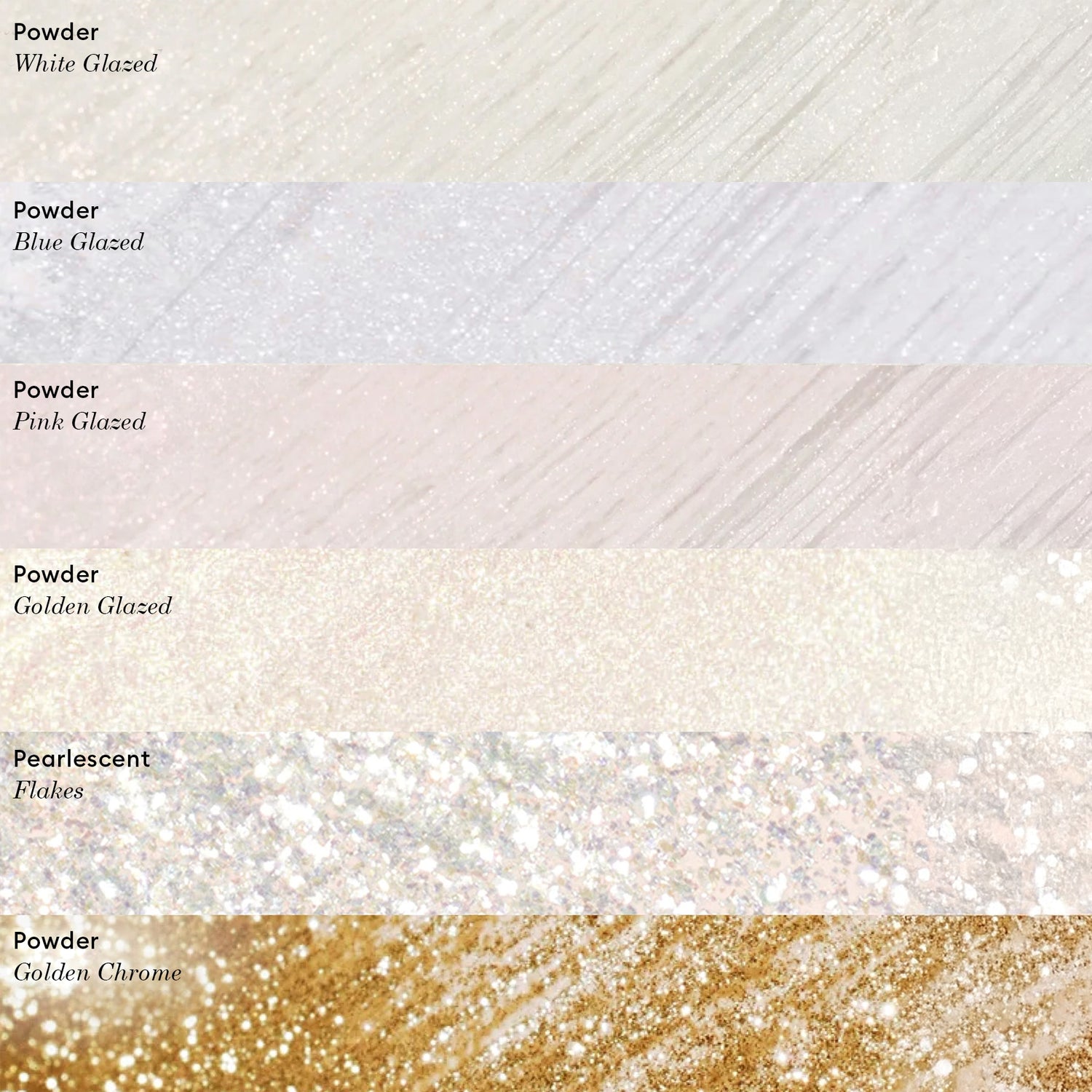 Six horizontal strips feature Manucurist Blue Glazed Powder, showcasing manicure powder and flakes in white glazed, blue glazed, pink glazed, golden glazed, pearlescent flakes, and golden chrome—all with a shimmery or glittery blue-pearl finish.