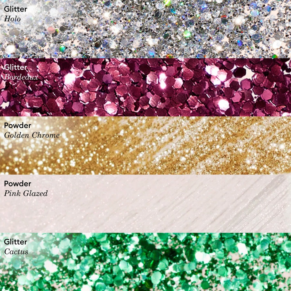 Five labeled horizontal swatches show polish textures: silver holographic, Manucurist Bordeaux biodegradable glitter, gold powder, pale pink powder, and green glitter, each identified by name and finish type.