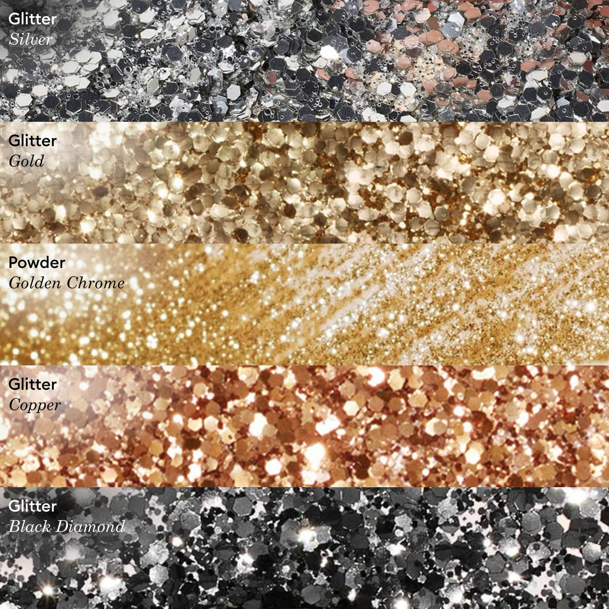 Five bands of glitter and powder textures by Manucurist—silver, gold, Golden Chrome Powder, copper, and black diamond—each labeled on the left, highlight a bold chrome finish.