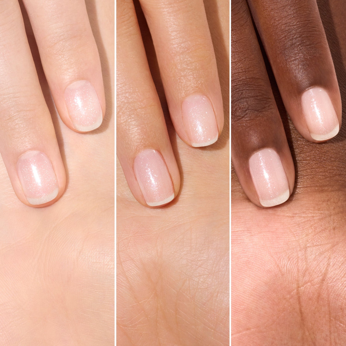 Three hands with different skin tones display fingernails painted with Manucurist’s Active™ Shine Icy, a sheer, shimmery pale pink illuminating nail polish, shown against palms for color contrast to reveal brighter-looking nails.