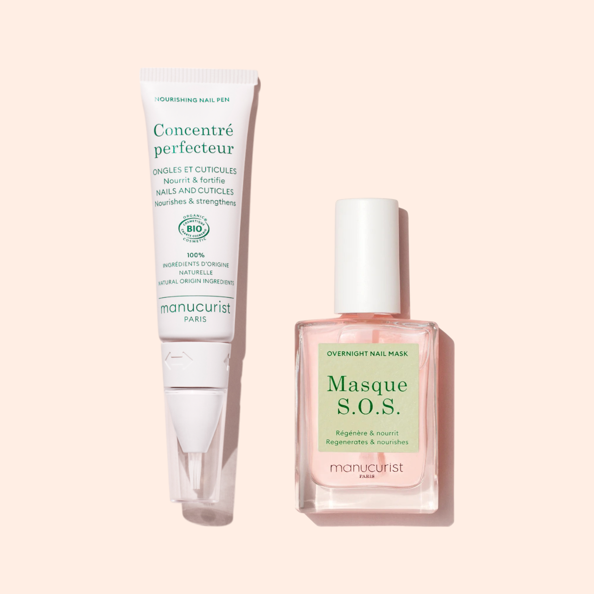 A white tube labeled Nourishing Nail Pen - Cosmos Organic by Manucurist, perfect for nail and cuticle care, rests on a light beige background.