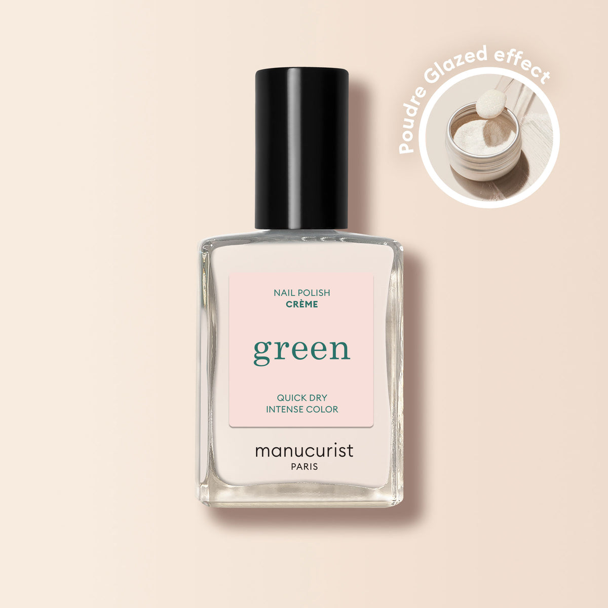 A bottle of Manucurist The One  Only Duo nail polish with a black cap is shown. An inset highlights shimmering Glazed Effect Powder by Manucurist for an ultra-glowy manicure.