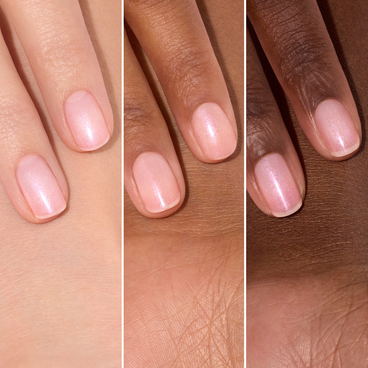 Three hands with different skin tones display short nails painted with Manucurist’s Active™ Plump Pink Glazed—a light pink, shimmery collagen nail polish—shown side by side for comparison.