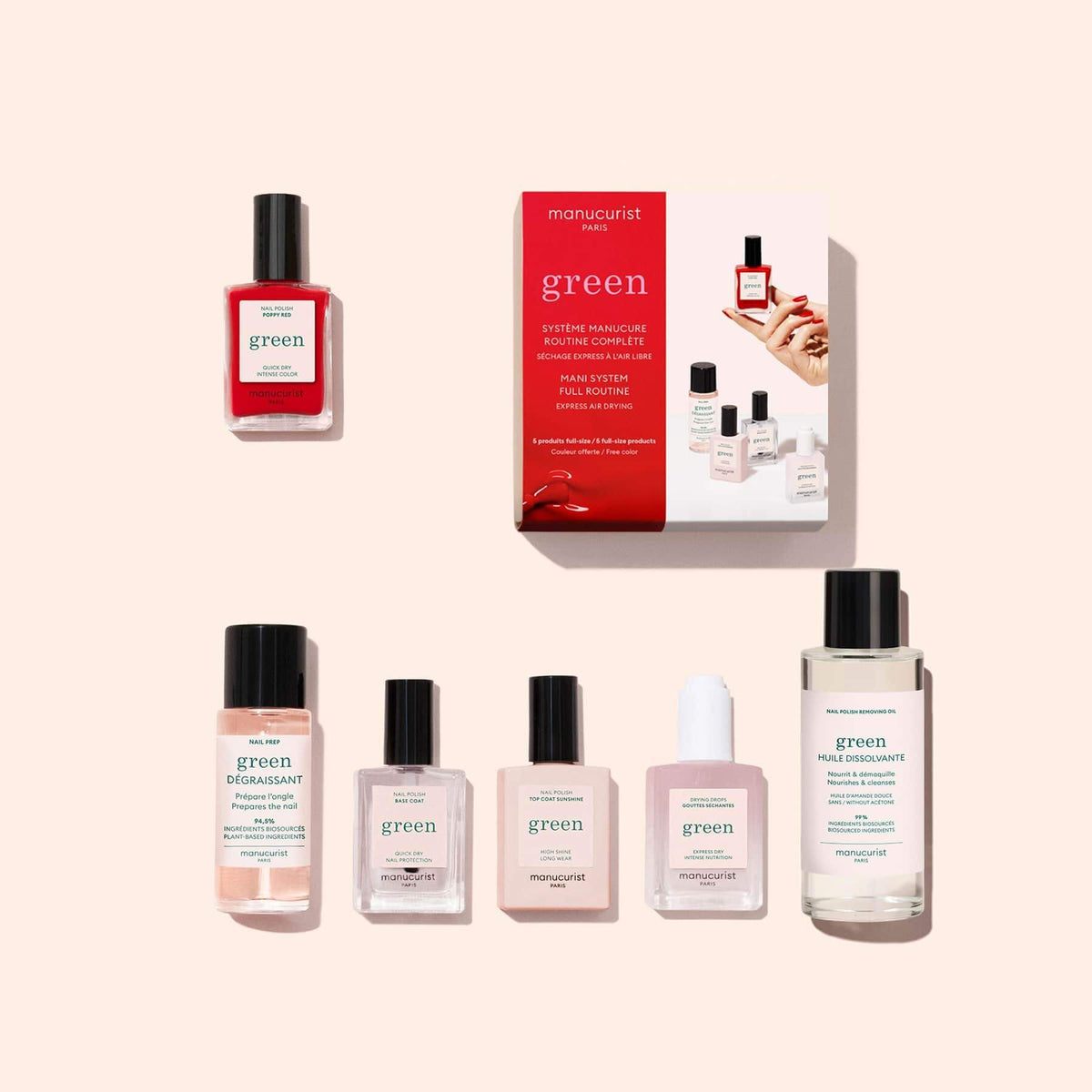 The Manucurist Discovery Kit features seven plant-based nail care essentials—including gel effect polish and remover—arranged neatly on a light background, with a red Discovery Kit box from Manucurist at the top center.