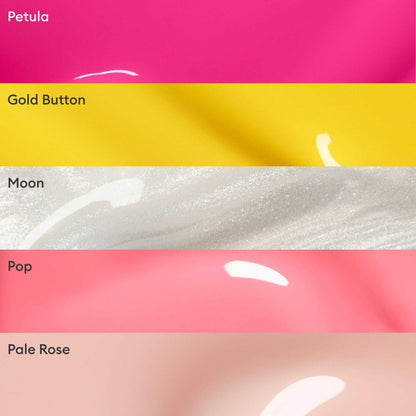Five horizontal nail polish stripes in Manucurist’s Rainbow Collections showcase a curated palette: bright pink (Petula), bright yellow (Gold Button), shimmery white (Moon), coral pink (Pop), and pale pink (Pale Rose)—perfect for trending nails.