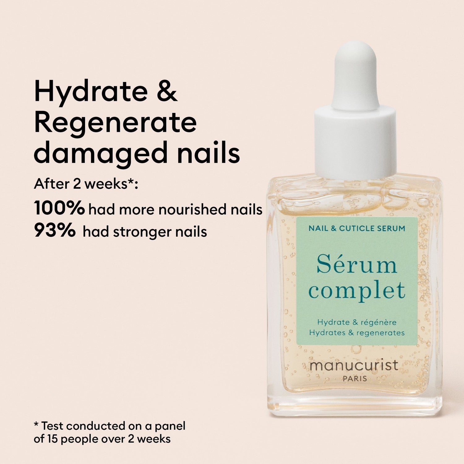 Two glass droppers with oil rest on a pink background. Text highlights nail benefits of Manucurist’s Starter Routine - Soft Nails: after 2 weeks, 100% saw more nourished nails and 93% experienced stronger nails in a test with 15 people. Perfect for anyone wanting to strengthen soft nails, this nail strengthening serum is an essential addition to your routine.