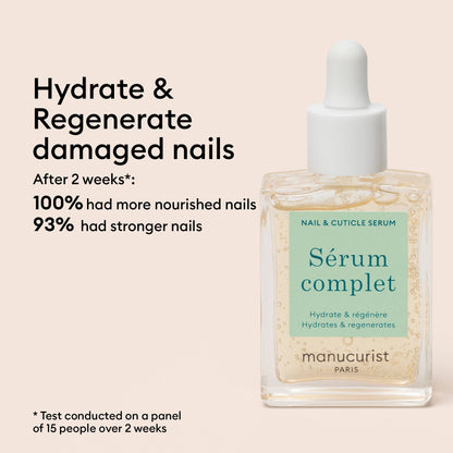 Two glass droppers with oil rest on a pink background. Text highlights nail benefits of Manucurist’s Starter Routine - Soft Nails: after 2 weeks, 100% saw more nourished nails and 93% experienced stronger nails in a test with 15 people. Perfect for anyone wanting to strengthen soft nails, this nail strengthening serum is an essential addition to your routine.