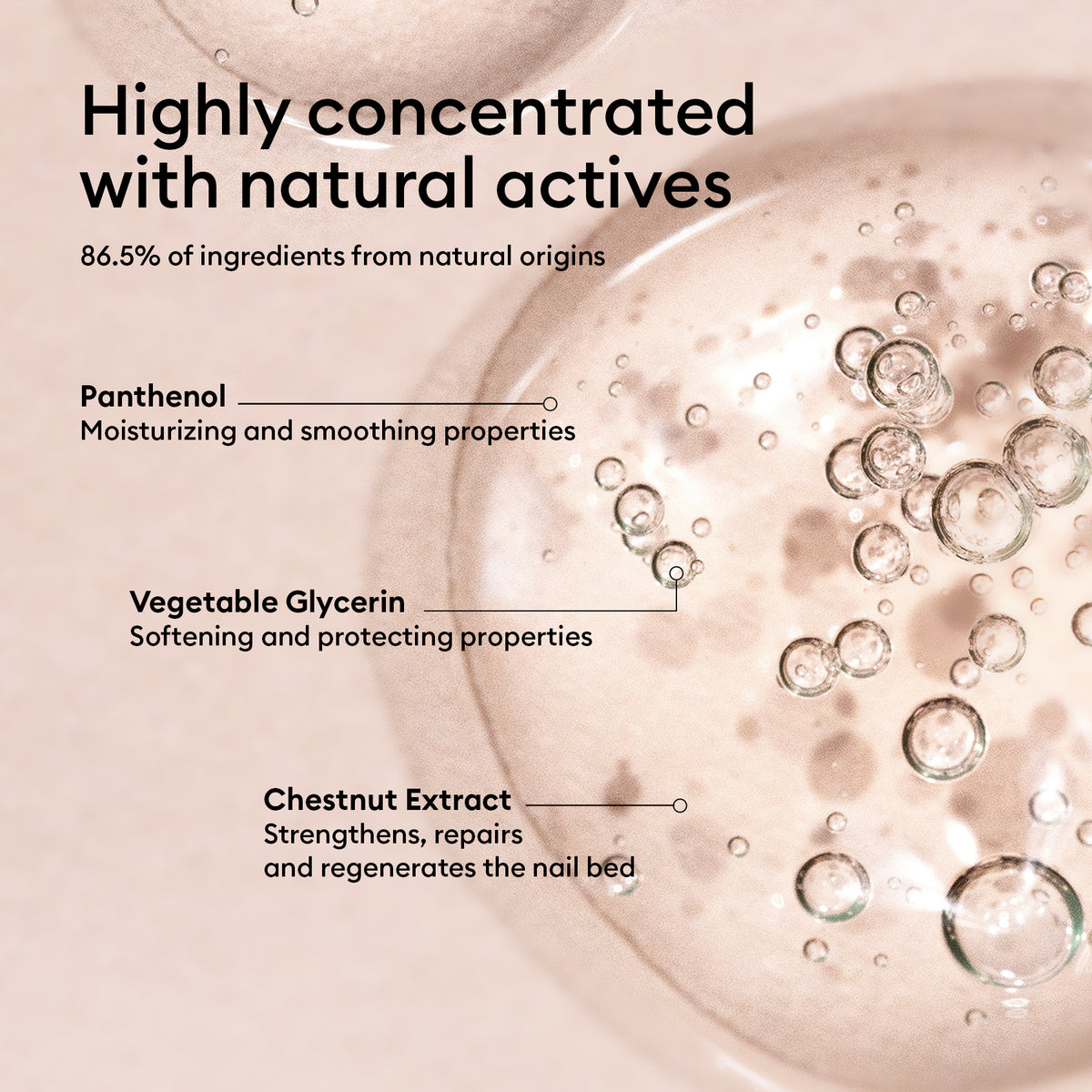 Manucurist Complete Serum is a clear gel with bubbles, featuring Panthenol for moisture, Vegetable Glycerin for softness, and Chestnut Extract to strengthen nails—a nourishing nail repair treatment shown on a beige background.