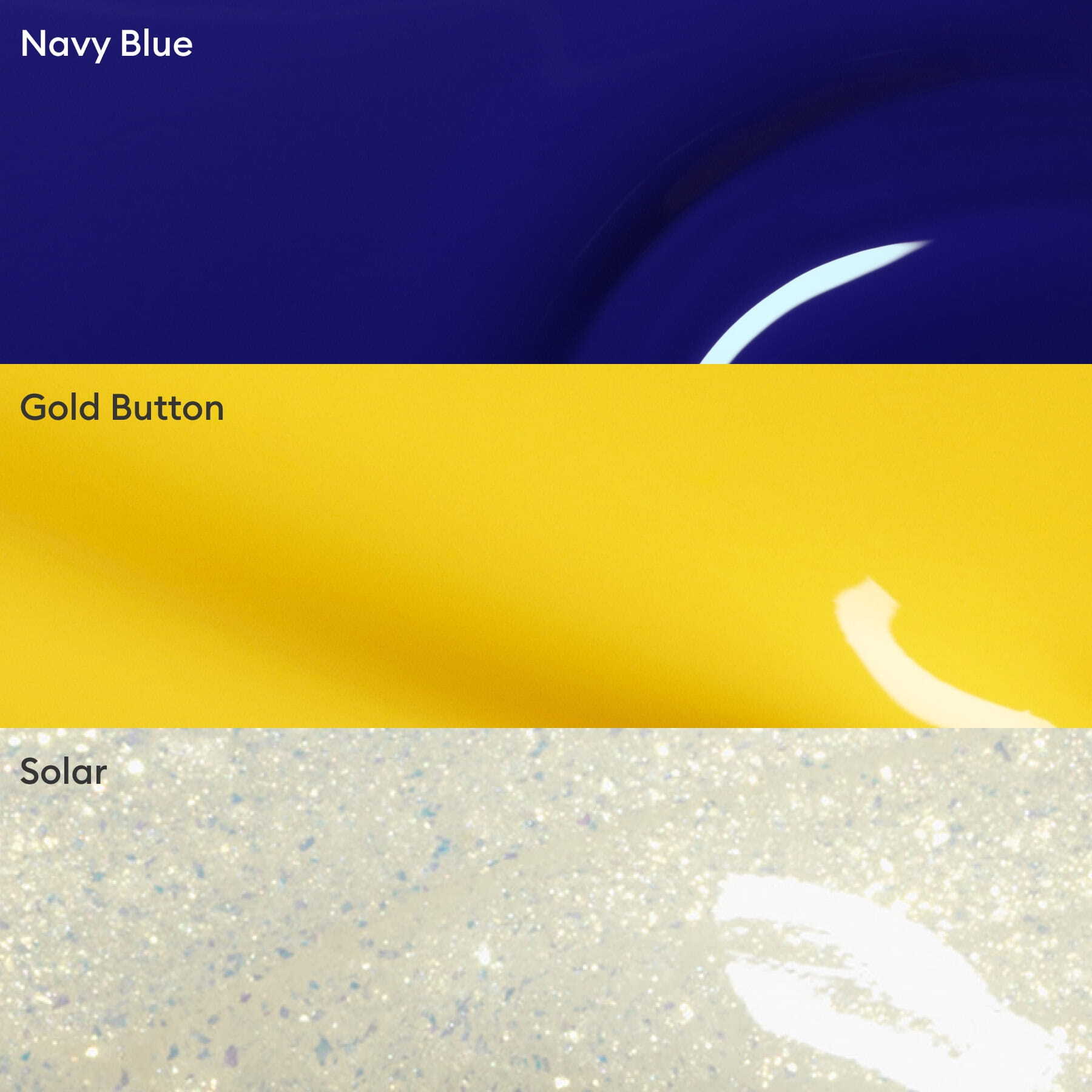 The Manucurist Trio Collections features glossy nail polishes in Navy Blue, Gold Button, and Solar, offering a curated color palette ideal for creative manicures and on-trend nail designs.