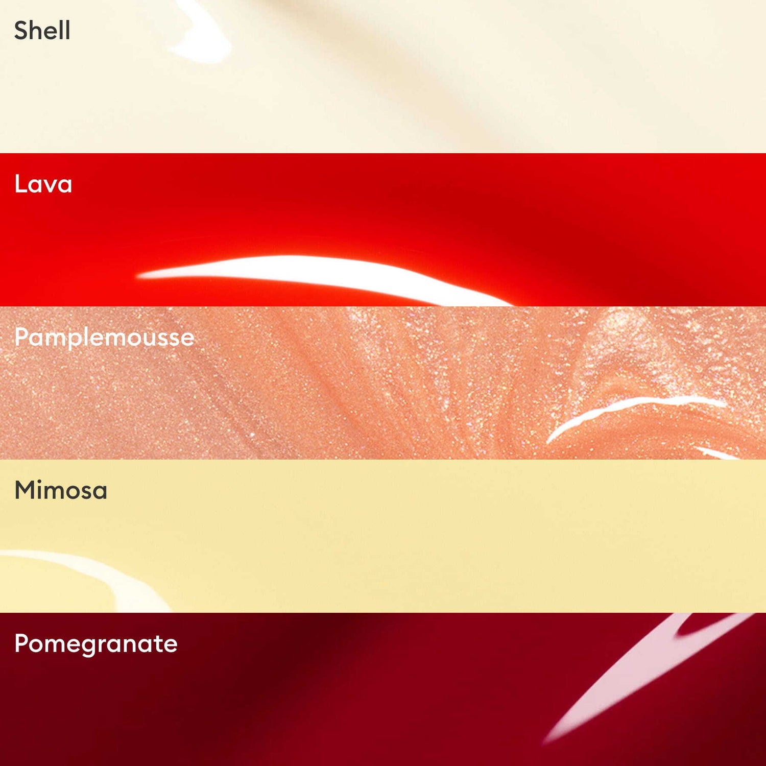 The Manucurist Rainbow Collections features five glossy horizontal swatches—Shell, Lava, Pamplemousse, Mimosa, and Pomegranate—ideal for manicures inspired by the latest nail trends and curated color palettes.