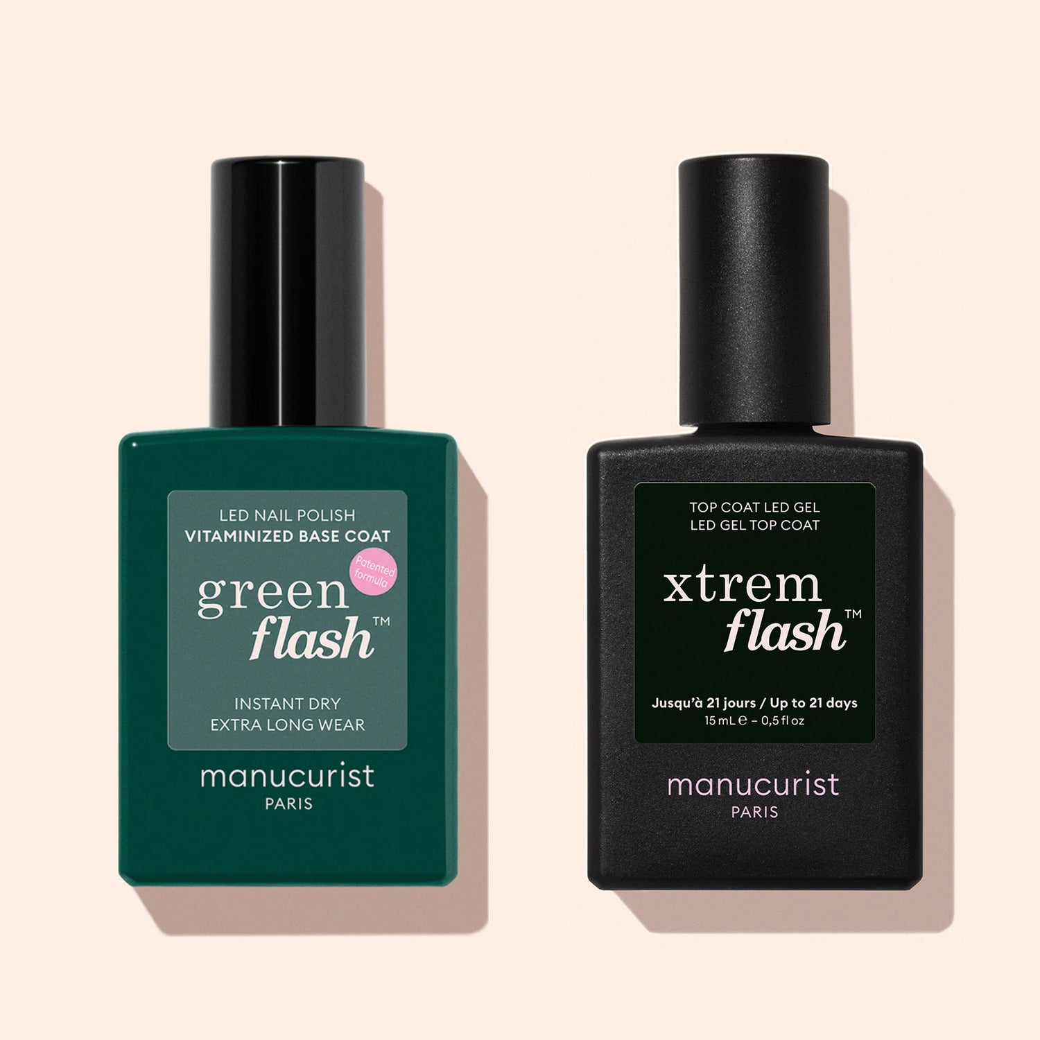 Two bottles of Manucurist are displayed on a beige background: Green Flash™ LED nail polish (green bottle) and Vitaminised Base Coat Green Flash™ (black bottle), both by Manucurist.
