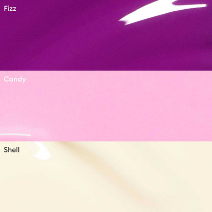 Manucurist’s Trio Collections features three horizontal glossy swatches: Fizz (deep purple), Candy (light pink), and Shell (pale cream)—perfectly on trend for inspiring your next manicure.