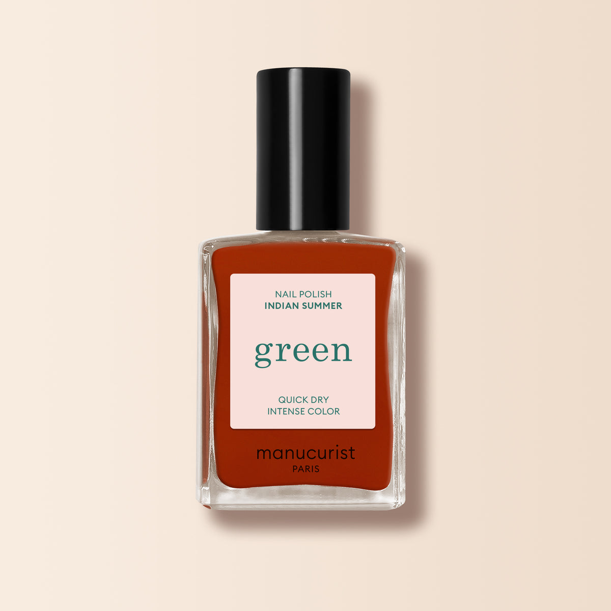 Manucurist Indian Summer nail polish features a brownish-orange shade with a black cap. Part of the Green range, it offers quick dry and intense color.