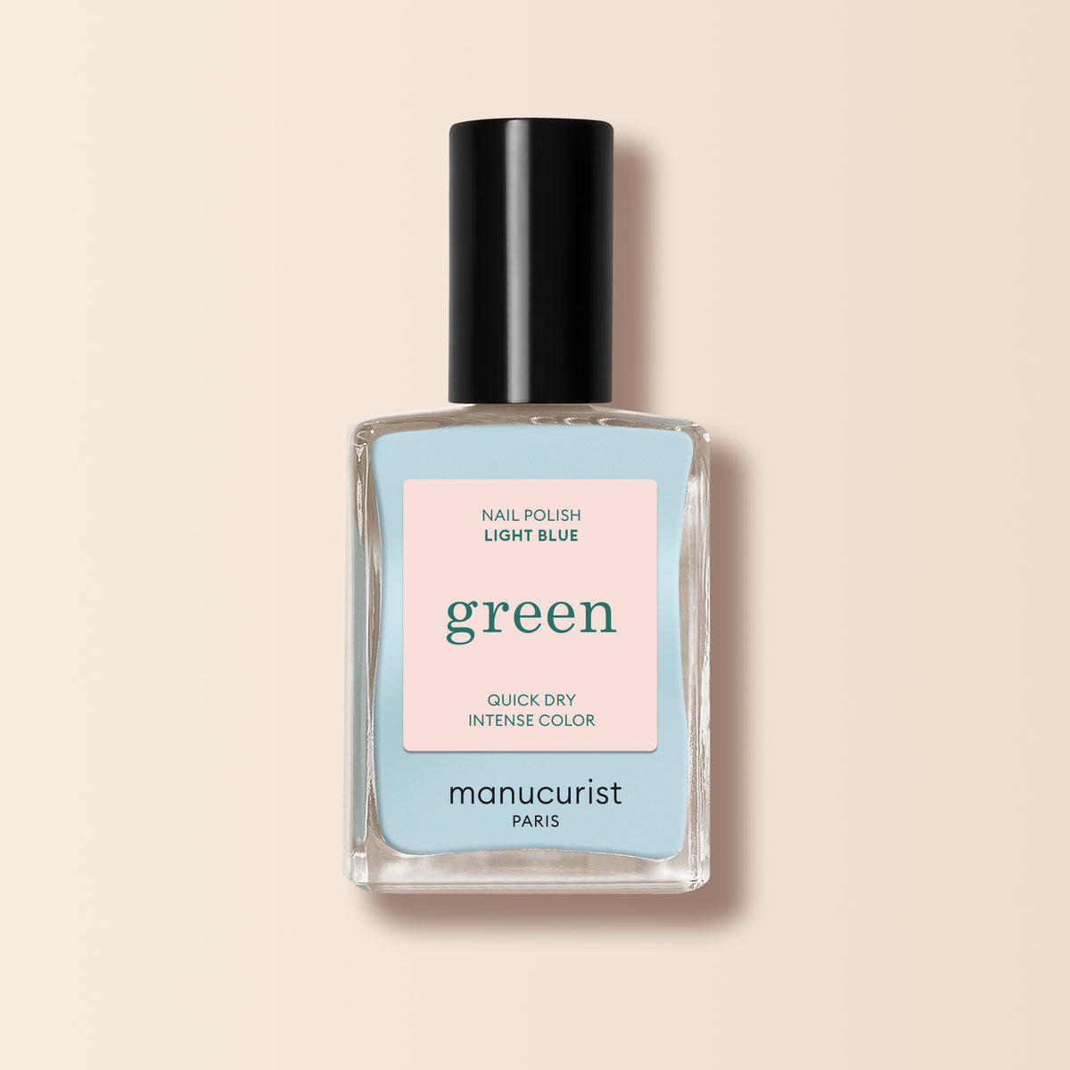 A bottle of Manucurist’s Light Blue nail polish brings soft elegance to your manicure collection.